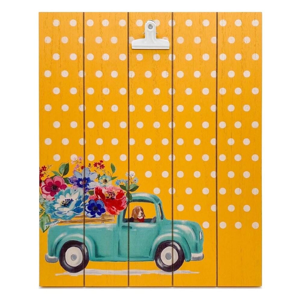 Pioneer Woman Clipboard Charlie Teal Truck Spring Decor Stand Yellow 10"Wx12"L